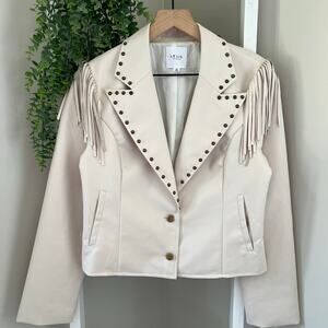 Le Lis Faux Leather Fringe Moto Biker Jacket Cream White Studded Women's Medium